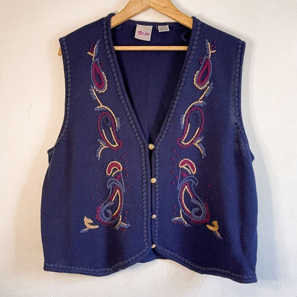 Vintage TanJay Embroirdered Navy Paisley Knit Sweater Vest Size XL